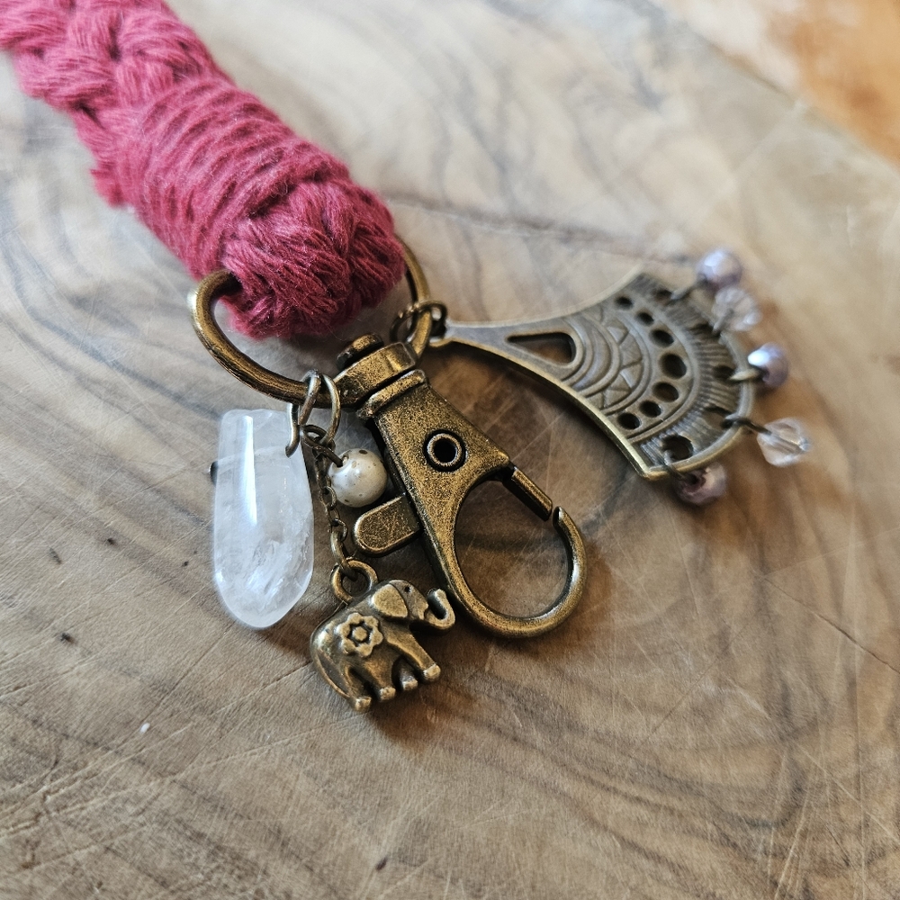 Only 1! Handmade Bohemian Elephant + Clear Quartz Macrame Keychain/ Phone Charm